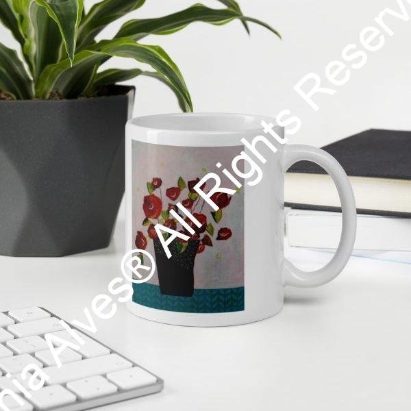 Red Flowersin Black Vase (White Ceramic mug) - Image 6