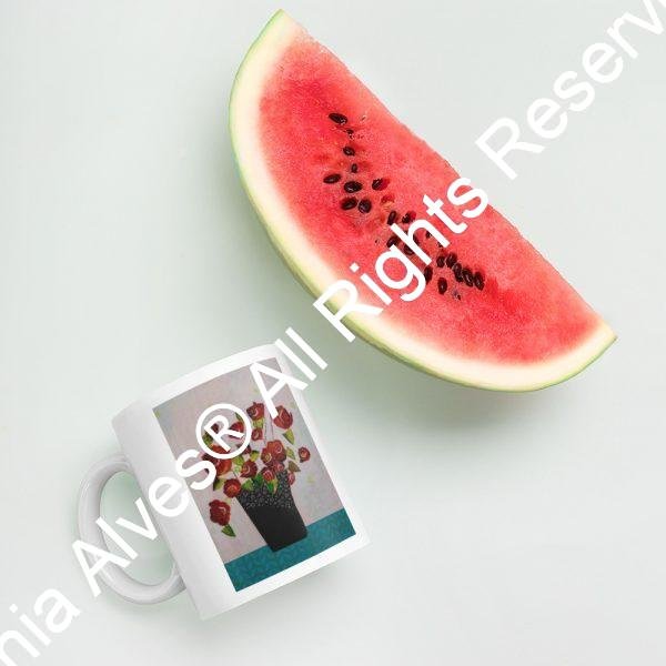 Red Flowersin Black Vase (White Ceramic mug) - Image 4