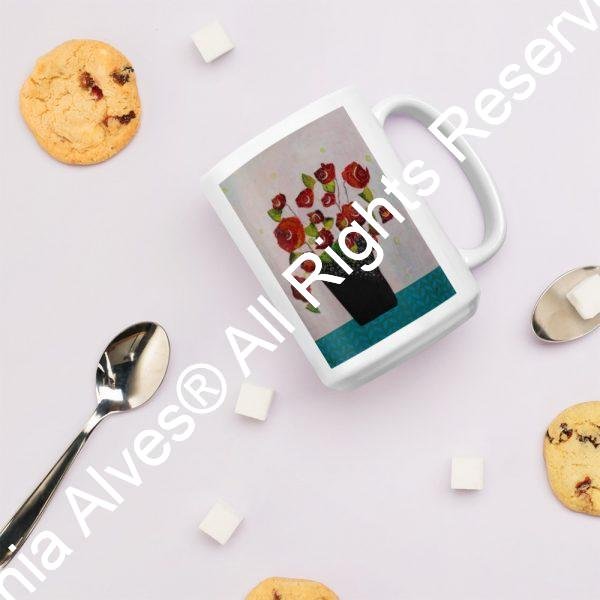 Red Flowersin Black Vase (White Ceramic mug)