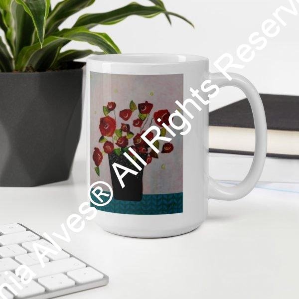 Red Flowersin Black Vase (White Ceramic mug) - Image 8